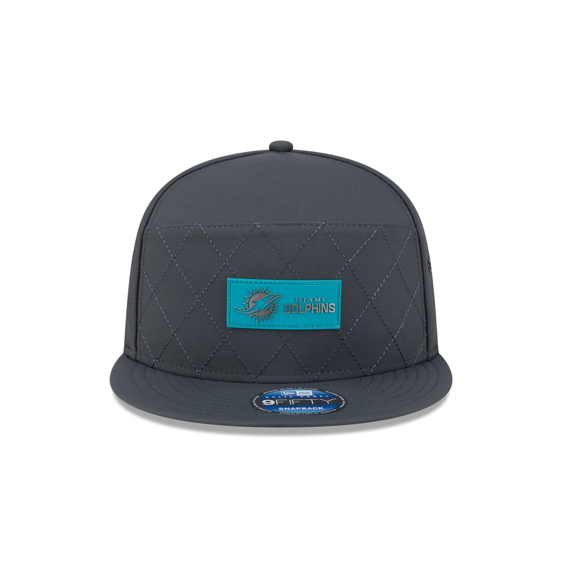 Alternative view of Miami Dolphins 2025 Sideline Cold Weather Steel Clouds Split Panel 9Fifty Snapback Hat