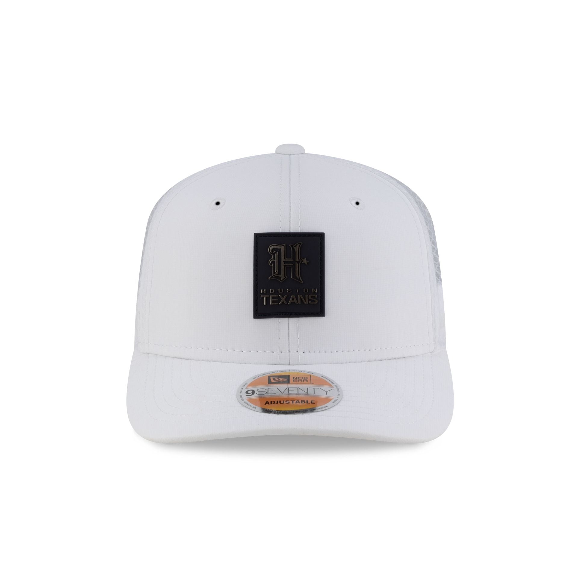 Alternative view of Houston Texans 2025 Sideline Hot Weather White H 9Seventy Trucker Hat