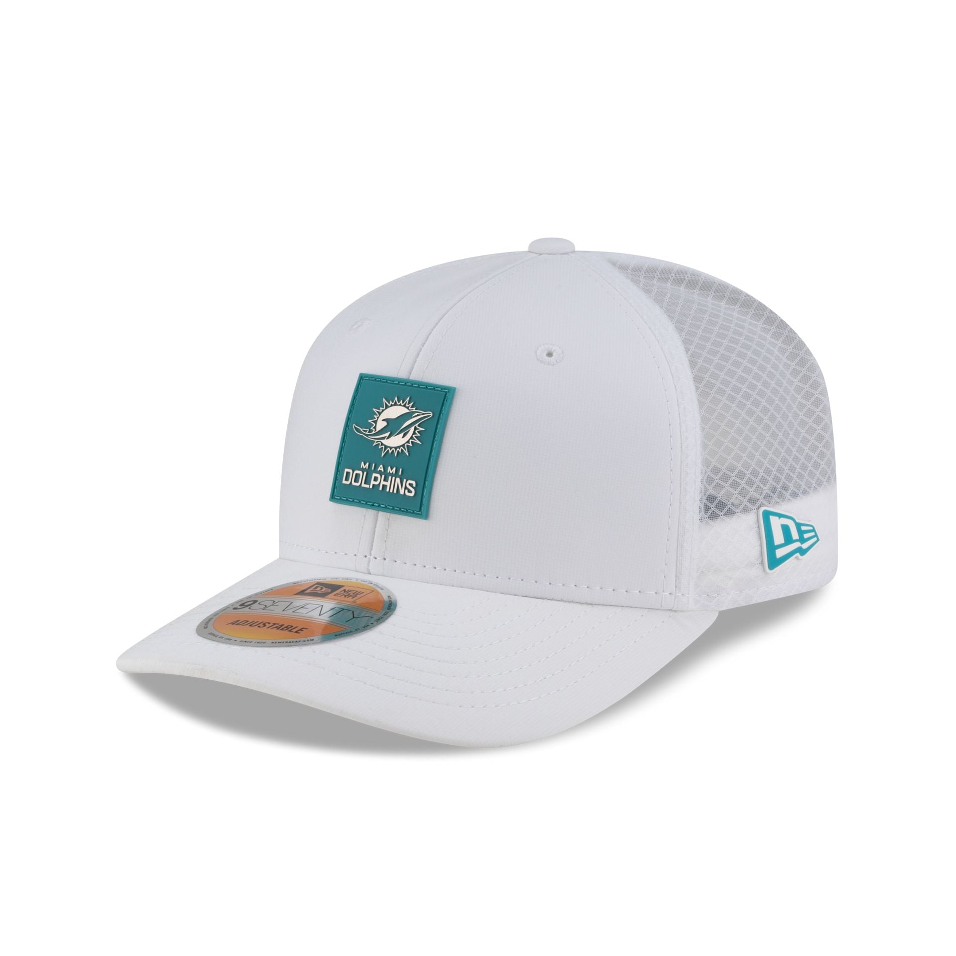 Miami Dolphins 2025 Sideline Hot Weather White 9Seventy Trucker Hat