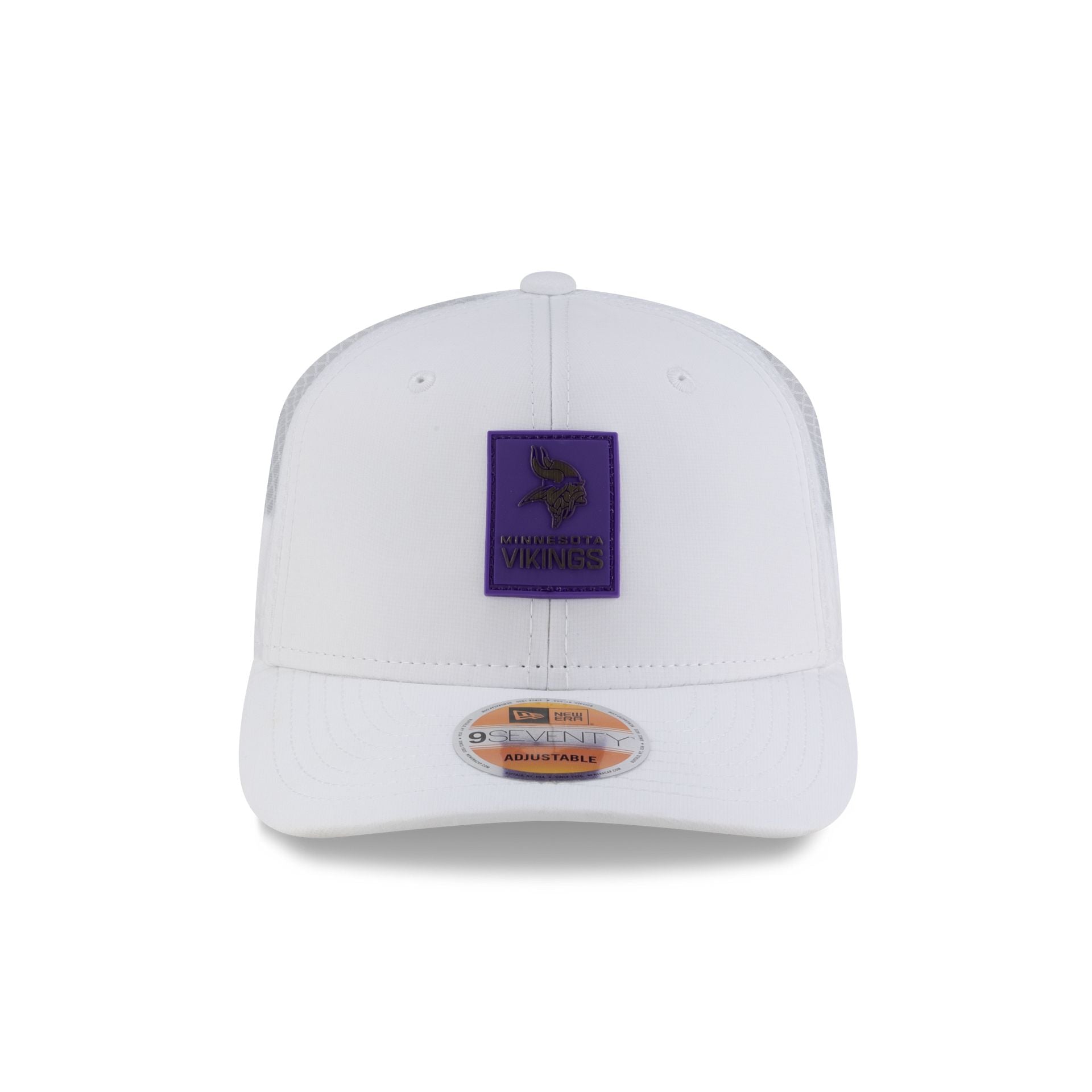 Alternative view of Minnesota Vikings 2025 Sideline Hot Weather White 9Seventy Trucker Hat