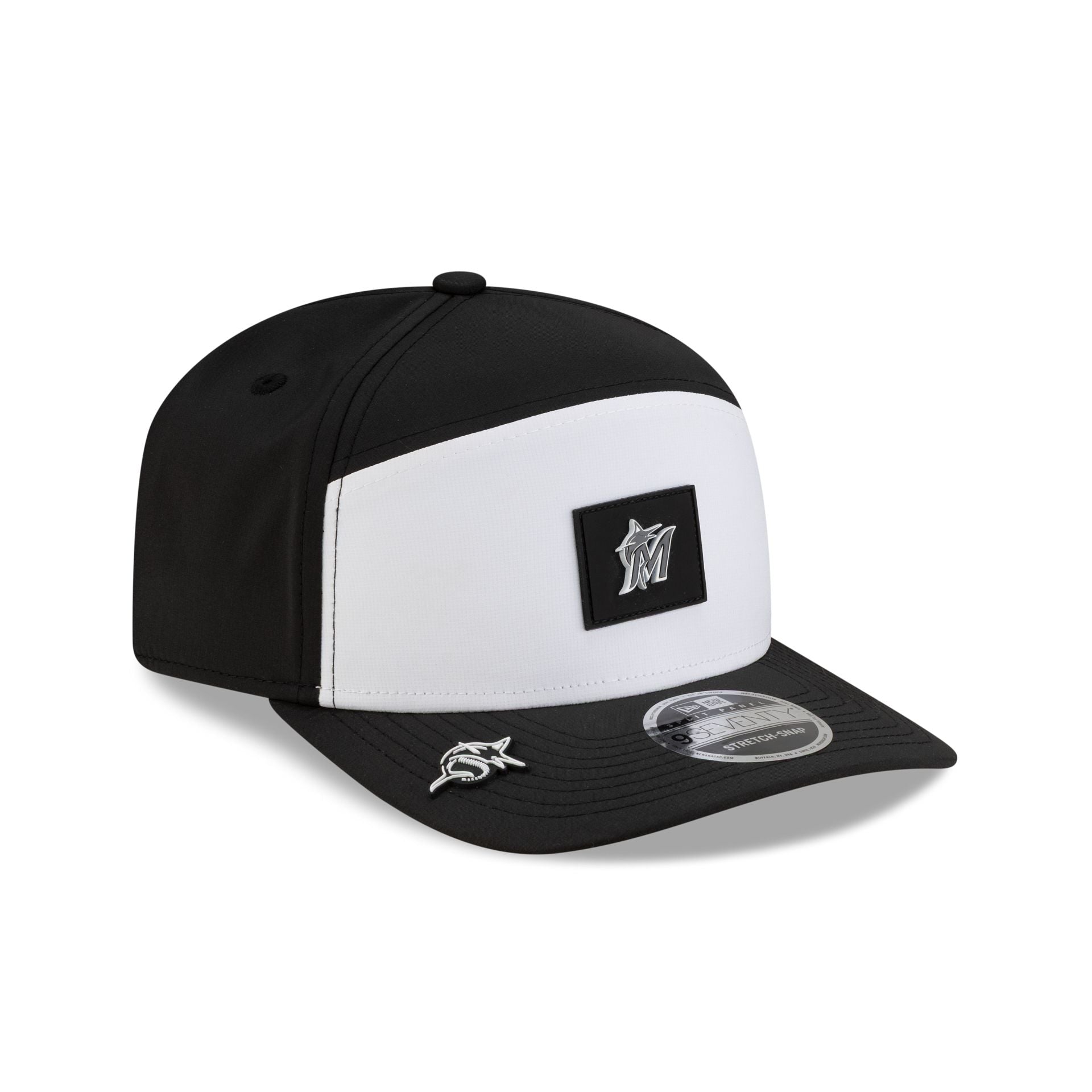Miami Marlins 2026 Clubhouse Black & White Split Panel 9Seventy Stretch-Snap Hat