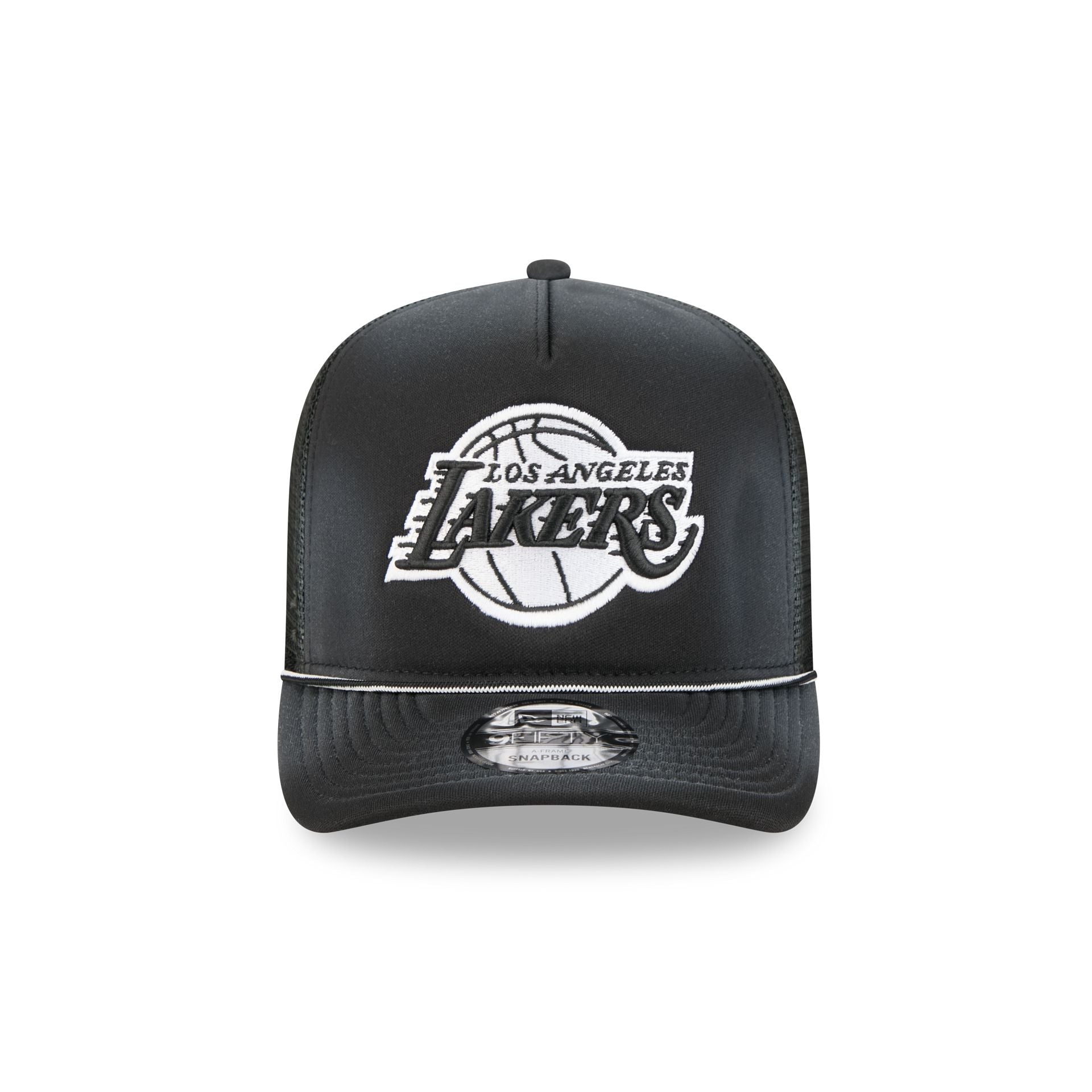 Alternative view of Los Angeles Lakers Washed Black 9Fifty A-Frame Trucker Hat