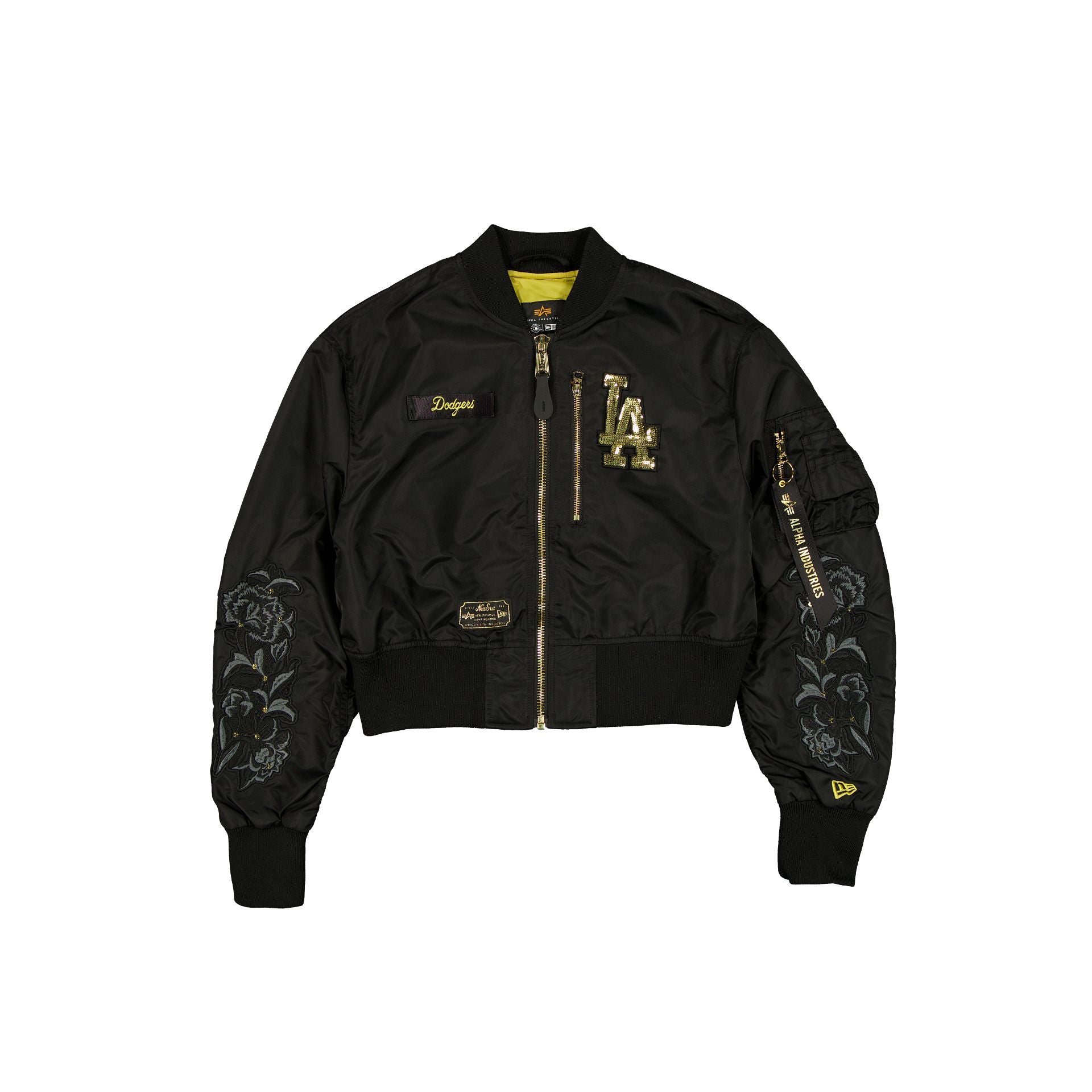 Alpha Industries X Los Angeles Dodgers Black And Gold Women's Cropped L-2B Bomber Jacket