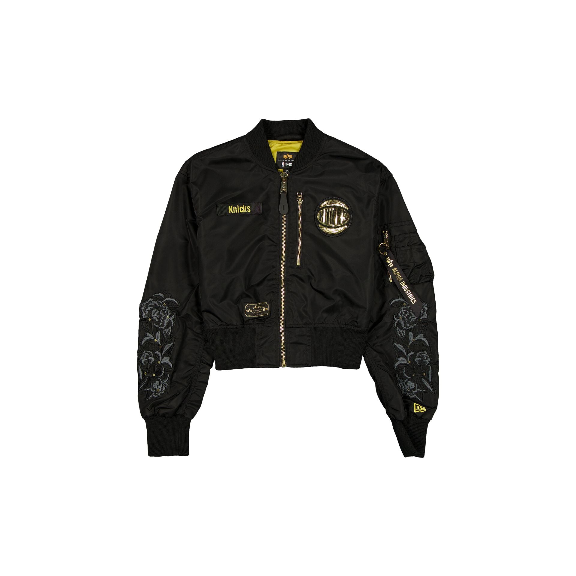 Alpha Industries X New York Knicks Black And Gold Women's Cropped L-2B Bomber Jacket