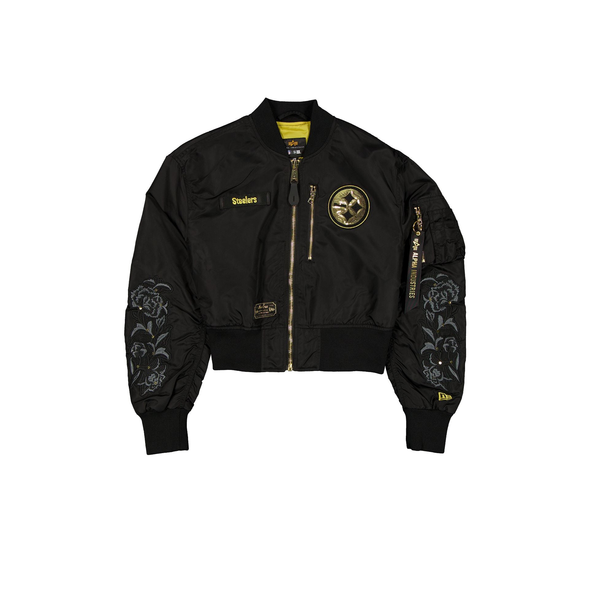 Alpha Industries X Pittsburgh Steelers Black And Gold Women's Cropped L-2B Bomber Jacket
