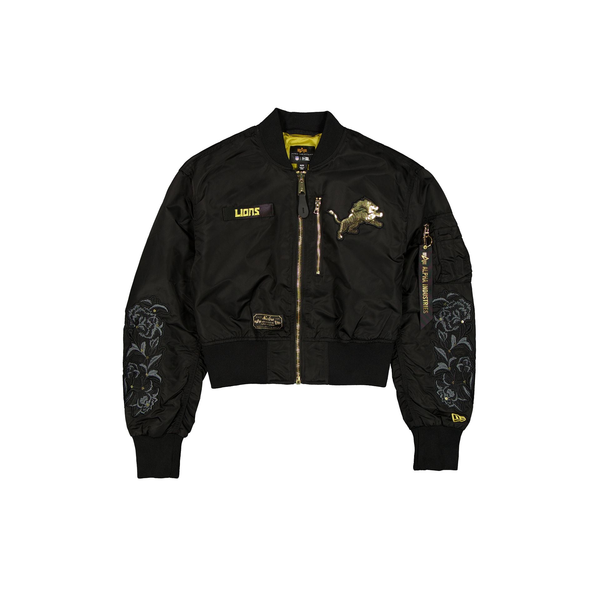 Alpha Industries X Detroit Lions Black And Gold Women's Cropped L-2B Bomber Jacket