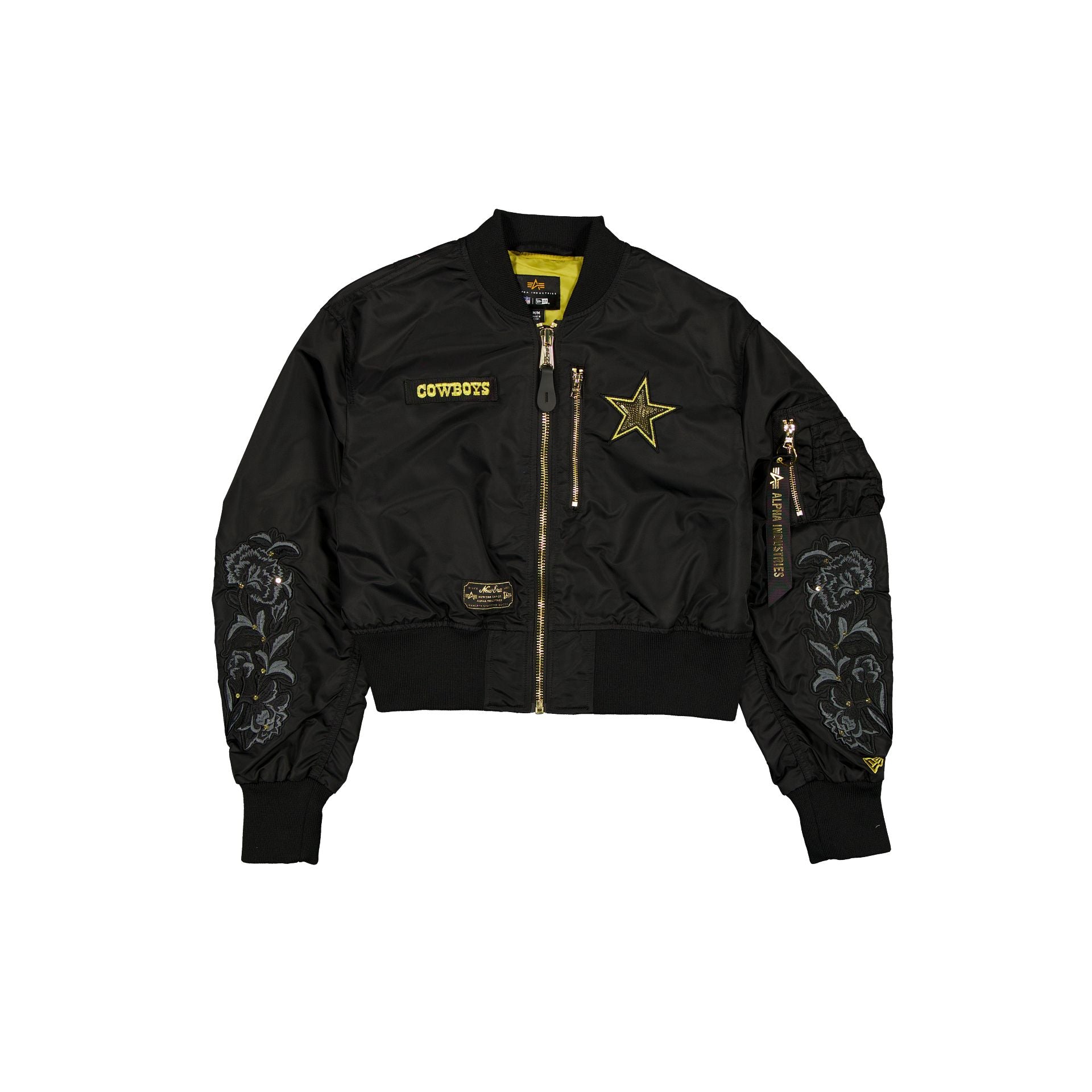 Alpha Industries X Dallas Cowboys Black And Gold Women's Cropped L-2B Bomber Jacket