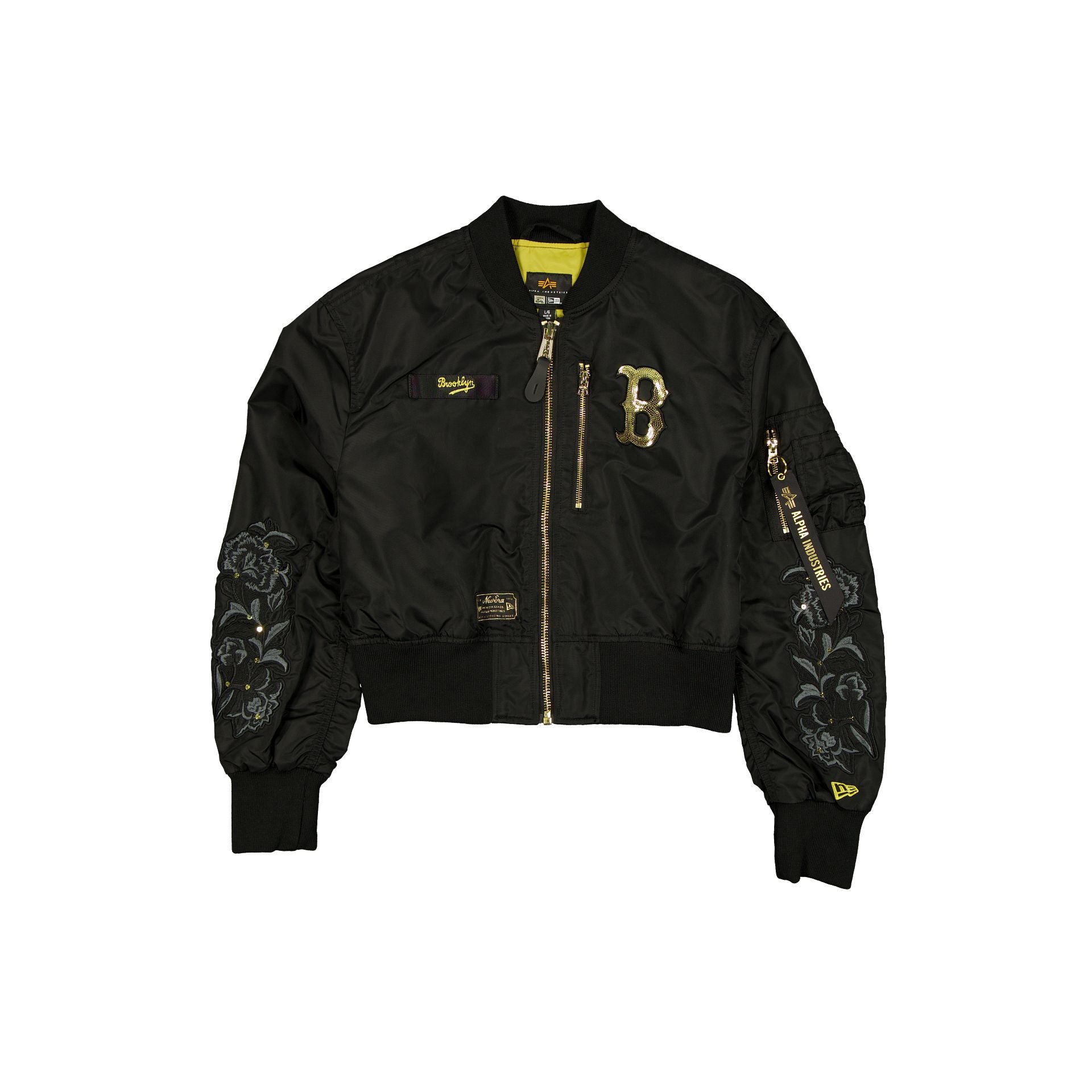 Alpha Industries X Brooklyn Dodgers Cooperstown Black And Gold Women's Cropped L-2B Bomber Jacket