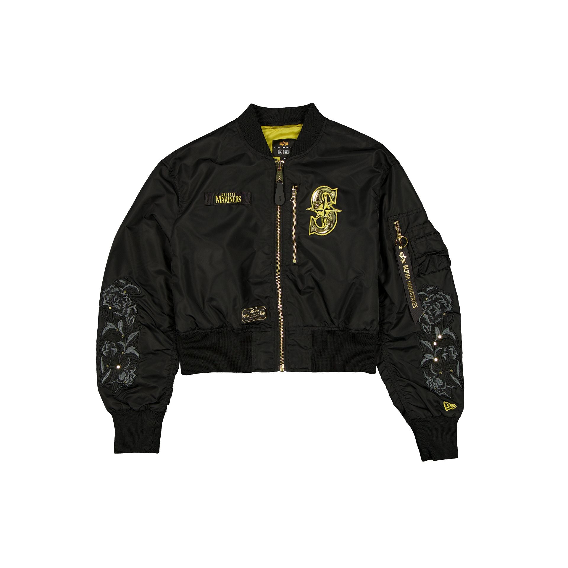Alpha Industries X Seattle Mariners Black And Gold Women's Cropped L-2B Bomber Jacket