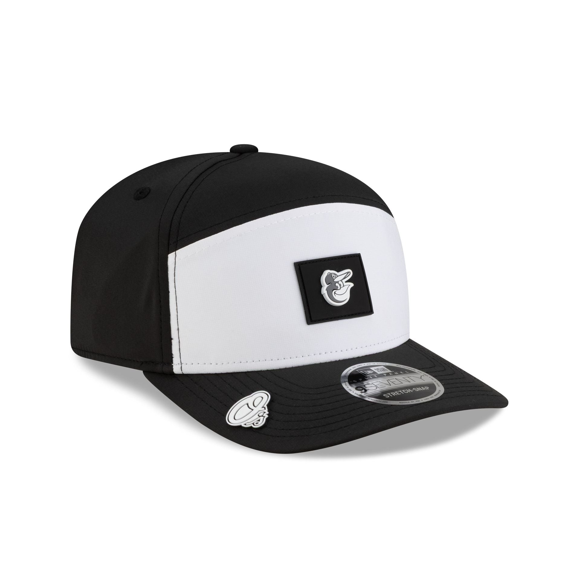 Baltimore Orioles 2026 Clubhouse Black & White Split Panel 9Seventy Stretch-Snap Hat