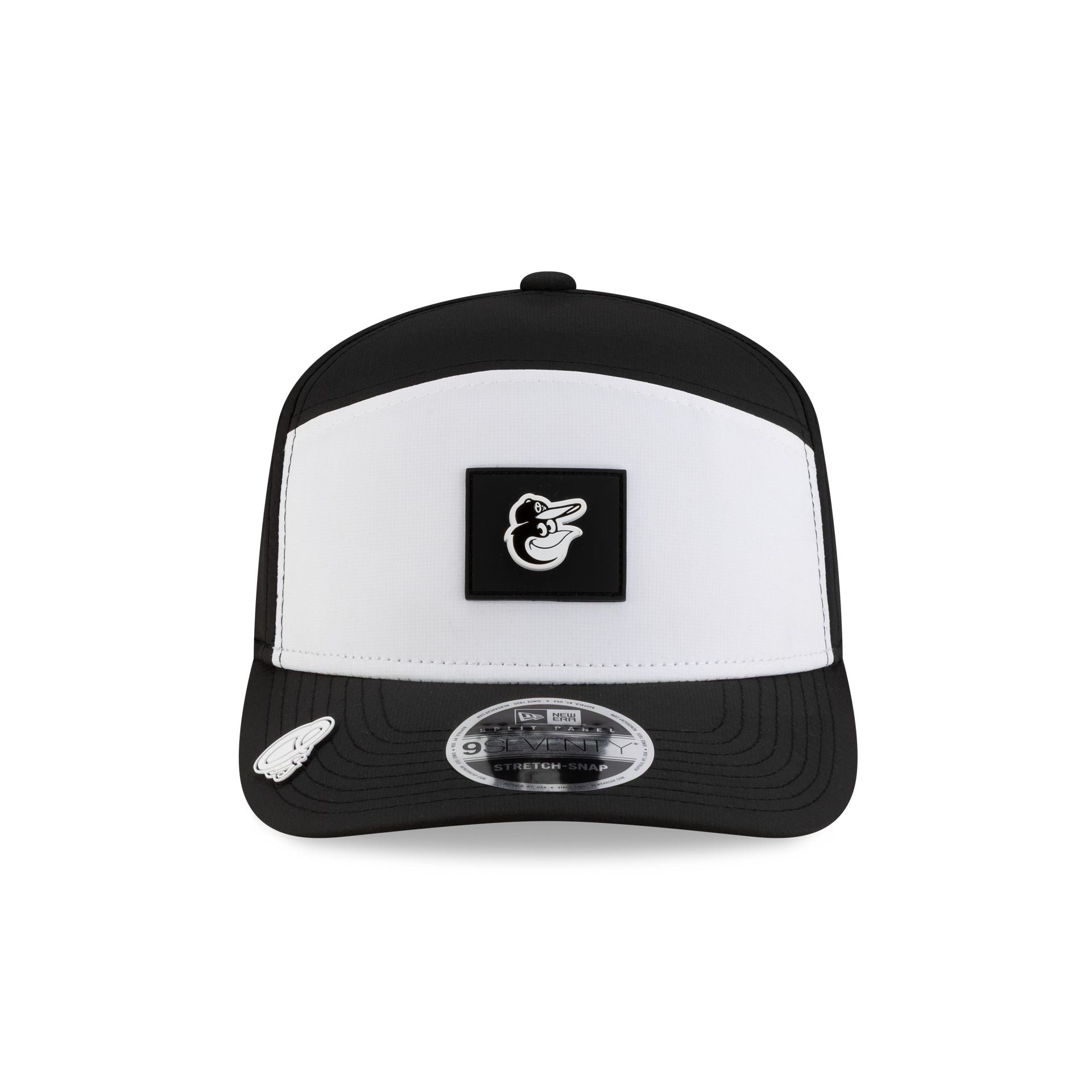 Alternative view of Baltimore Orioles 2026 Clubhouse Black & White Split Panel 9Seventy Stretch-Snap Hat