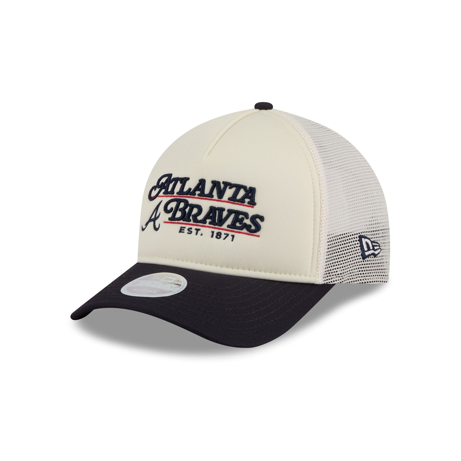 Atlanta Braves Retro Chrome Women's White 9Forty M-Crown A-Frame Trucker Hat